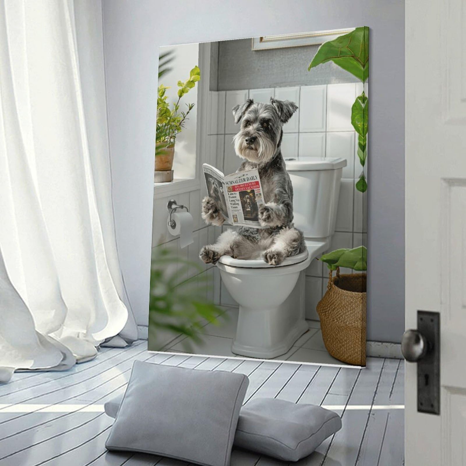 Junmoney Canvas Art Print Dog Reading Magazine on Toilet, 24x36inch(60x90cm), for Calm Bedrooms, Home Corners Or Flats, A Warm Accent for Relaxed Interiors