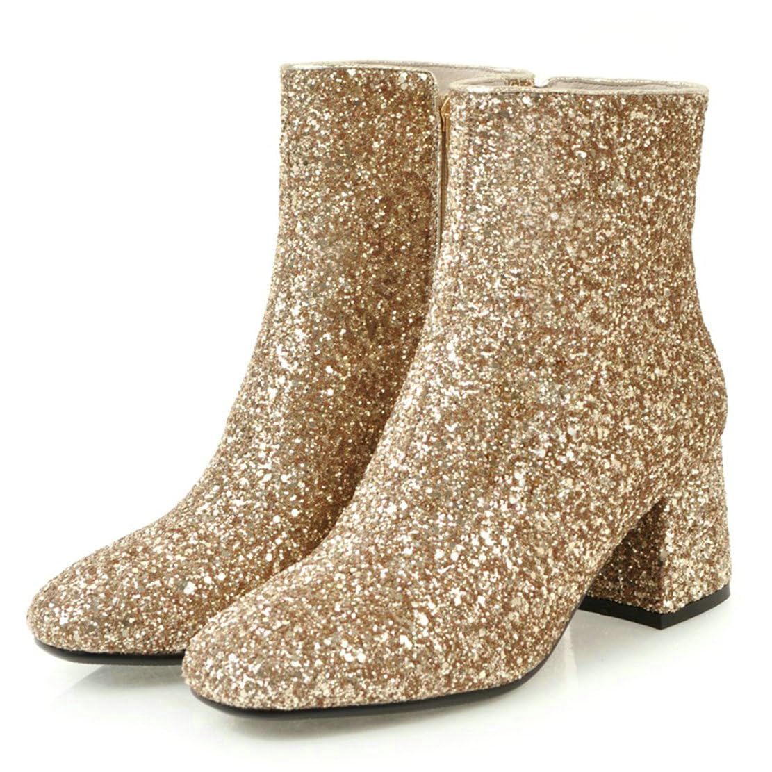 Damen Chunky Heels Ankle Boots Glitzer Stiefeletten mit Blockabsatz und Reißverschluss 6cm Absatz Pailletten Schuhe