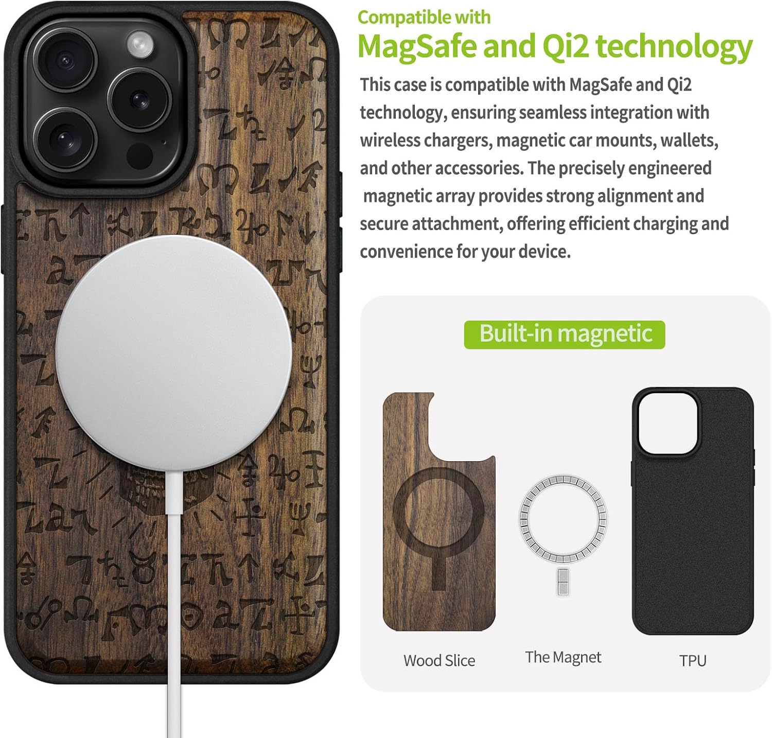Carveit Magnetic Wooden Case for iPhone 16 Pro Max Case, Wood Artisan Engraved & Black Soft TPU Shockproof Cover, Compatible with MagSafe Wireless Chargers (The Book of Life & Death) Walnut