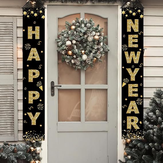 2026 Happy New Year Decorations Banner New Years Eve Party Supplies, Elegant Holiday New Year Accessories Indoor Outdoor, 71 x 12 Black & Gold