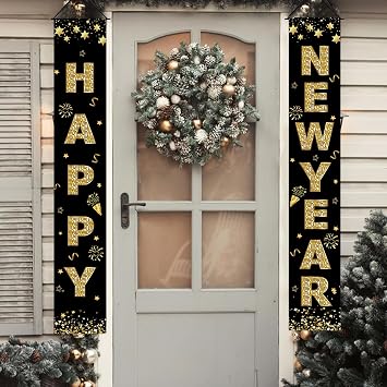 2026 Happy New Year Decorations Banner New Years Eve Party Supplies, Elegant Holiday New Year Accessories Indoor Outdoor, 71 x 12 Black & Gold