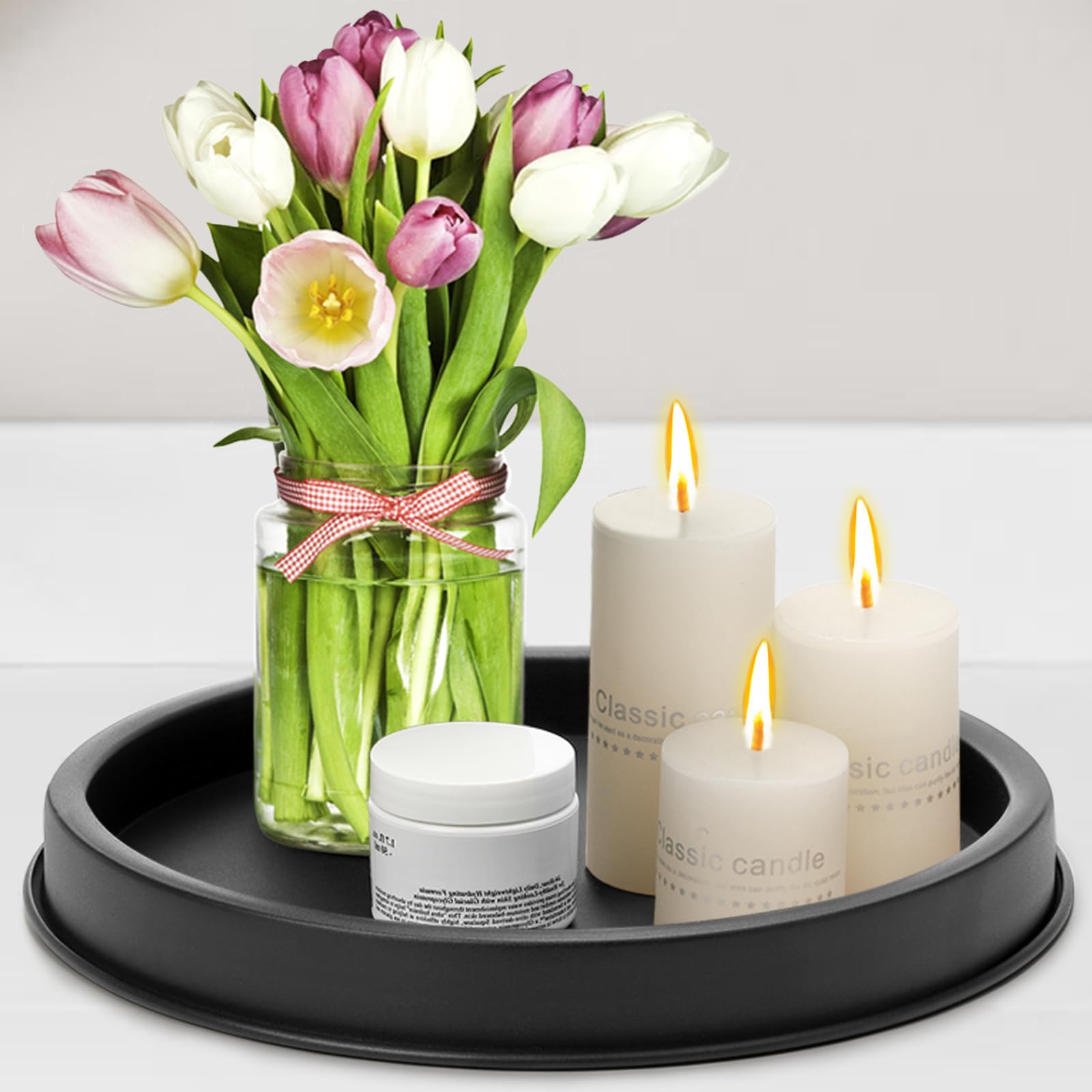 2 Pack Decorative Round Serving Tray, 11 Inch Black Metal Candle Holder Tray, Coffee Table Centerpieces Decor Platter, Perfume Jewelry Vanity Organizer for Desk Countertop Bathroom Decoration