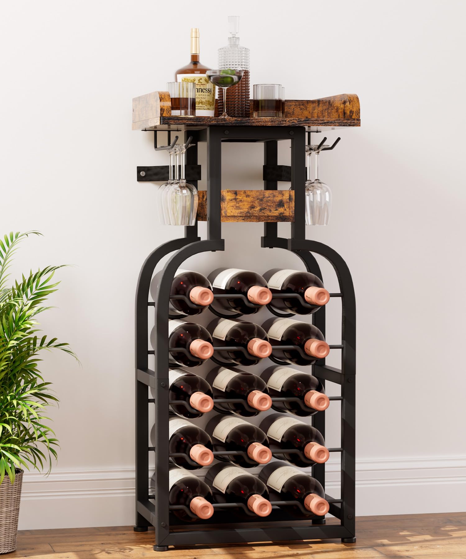 Yorbay Weinregal freistehend 15 Flaschen, Flaschenregal mit Glashaltern, Dekorativer Flaschenhalter-Ständer für Küche, Bar, Esszimmer, Boden