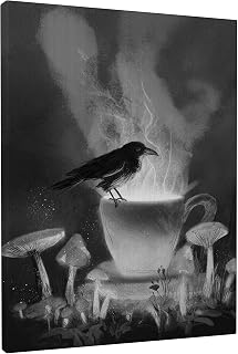 Crow Canvas Kitchen Wall Art, Gothic Surreal Cup Mushrooms Fall Black Wall Paintings Prints Hanging Art Bedroom Living Room Home Dining Restaurant Decor 8x10 Inch