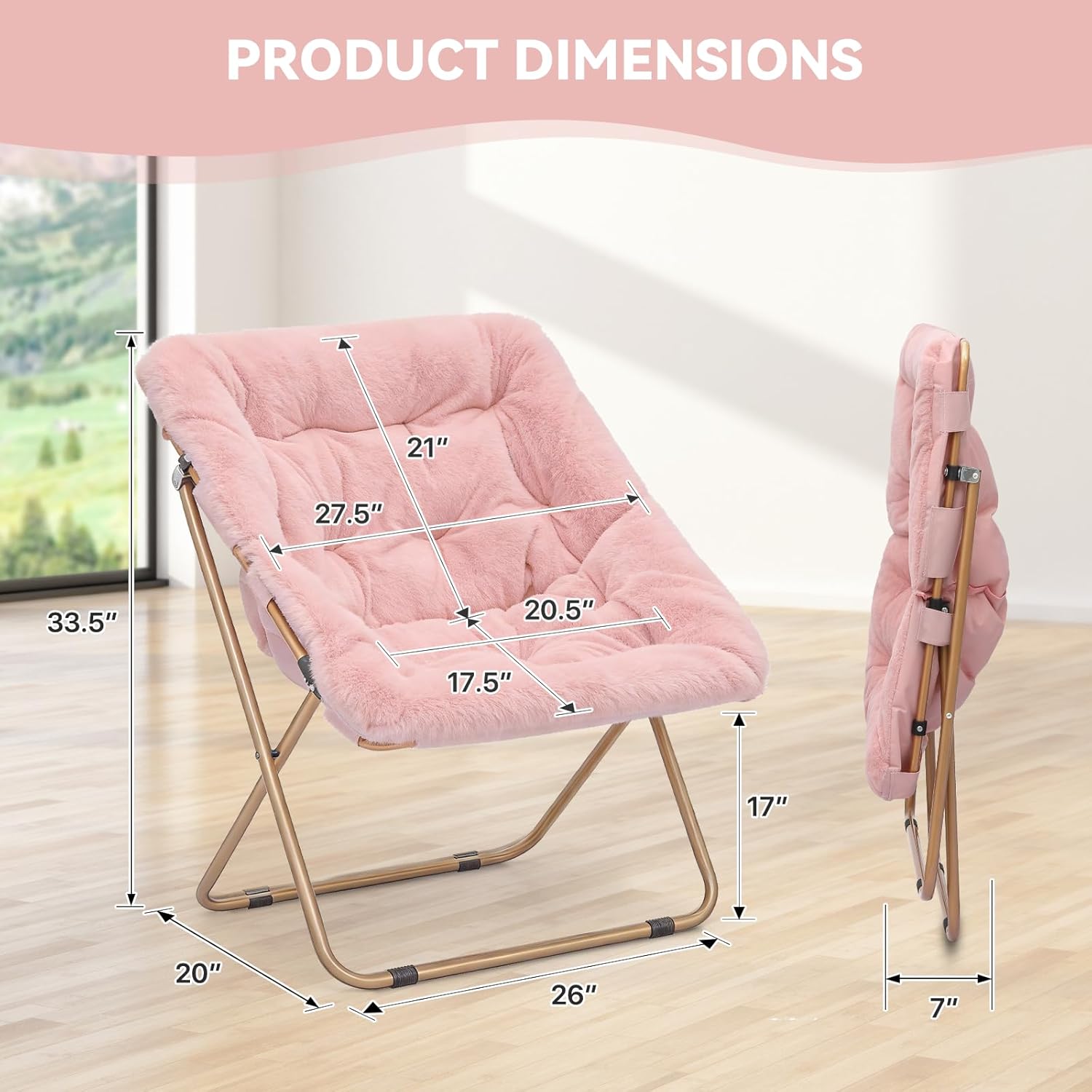 Magshion Folding Saucer Chair for Adults Comfy Lounge Reading Seat Accent Chair Faux Fur Lazy Seating with Thick Padded Metal Frame for Bedroom Living Room Small Space (Pink)