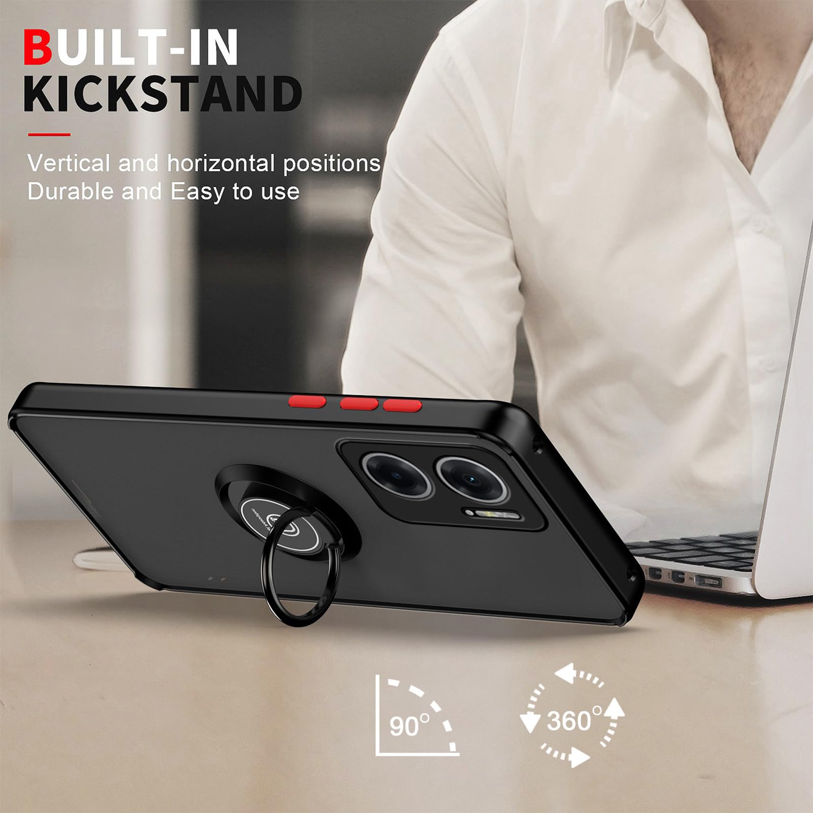 HAOYE Cover per Xiaomi Redmi 10 5G con Girevole Anello, Traslucido Custodia con Supporto Magnetico Auto, Silicone TPU e PC Doppio Strato Protettiva Bumper. Nero