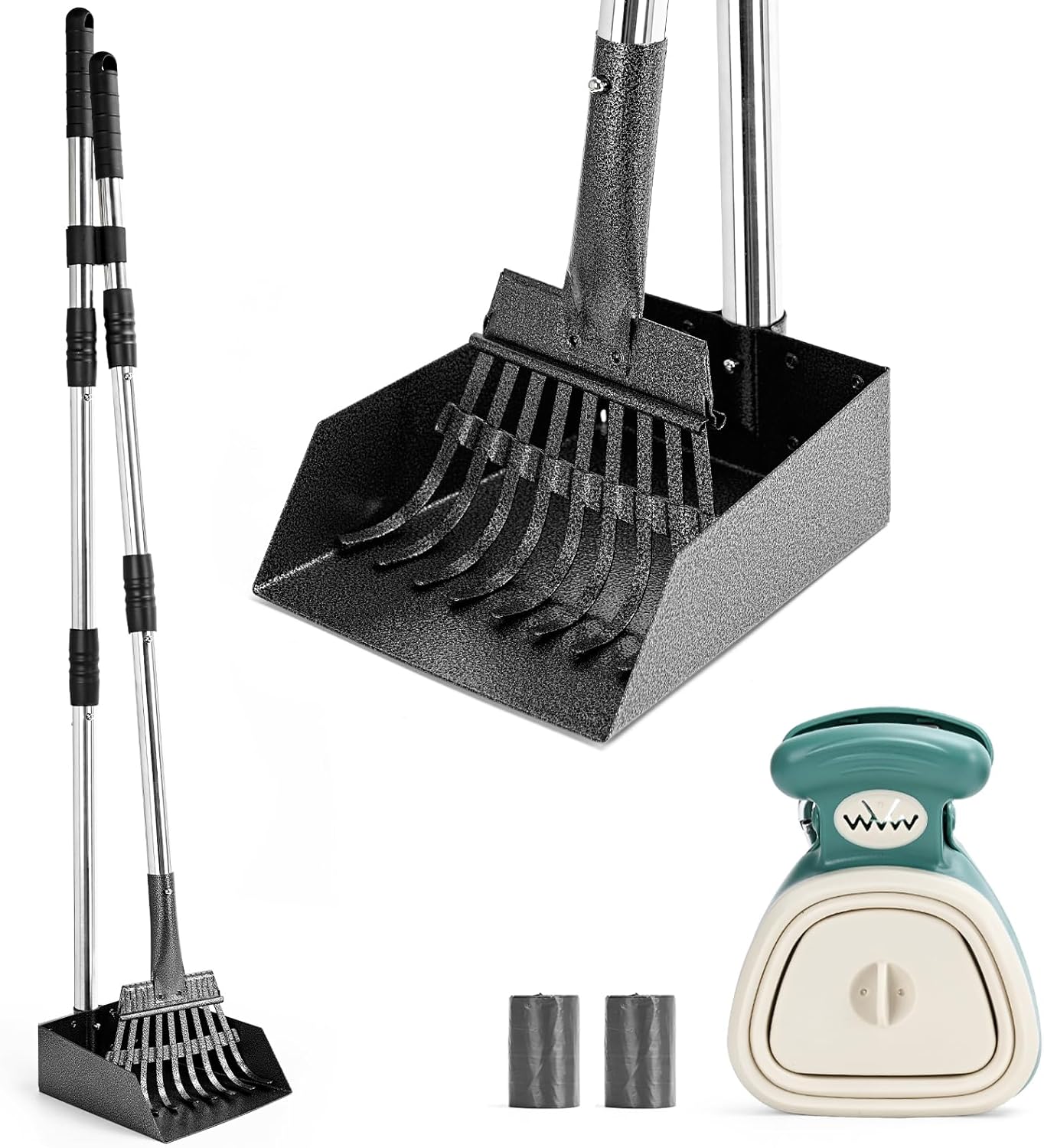 lychee Heavy Duty Stainless Metal Dog Pooper Scooper Tray and Rake Set for Yard- Portable Pooper Scooper for Small to Medium Dogs, Adjustable Long Handle,Rust-Proof, with Bag Attachment, Leash Clip