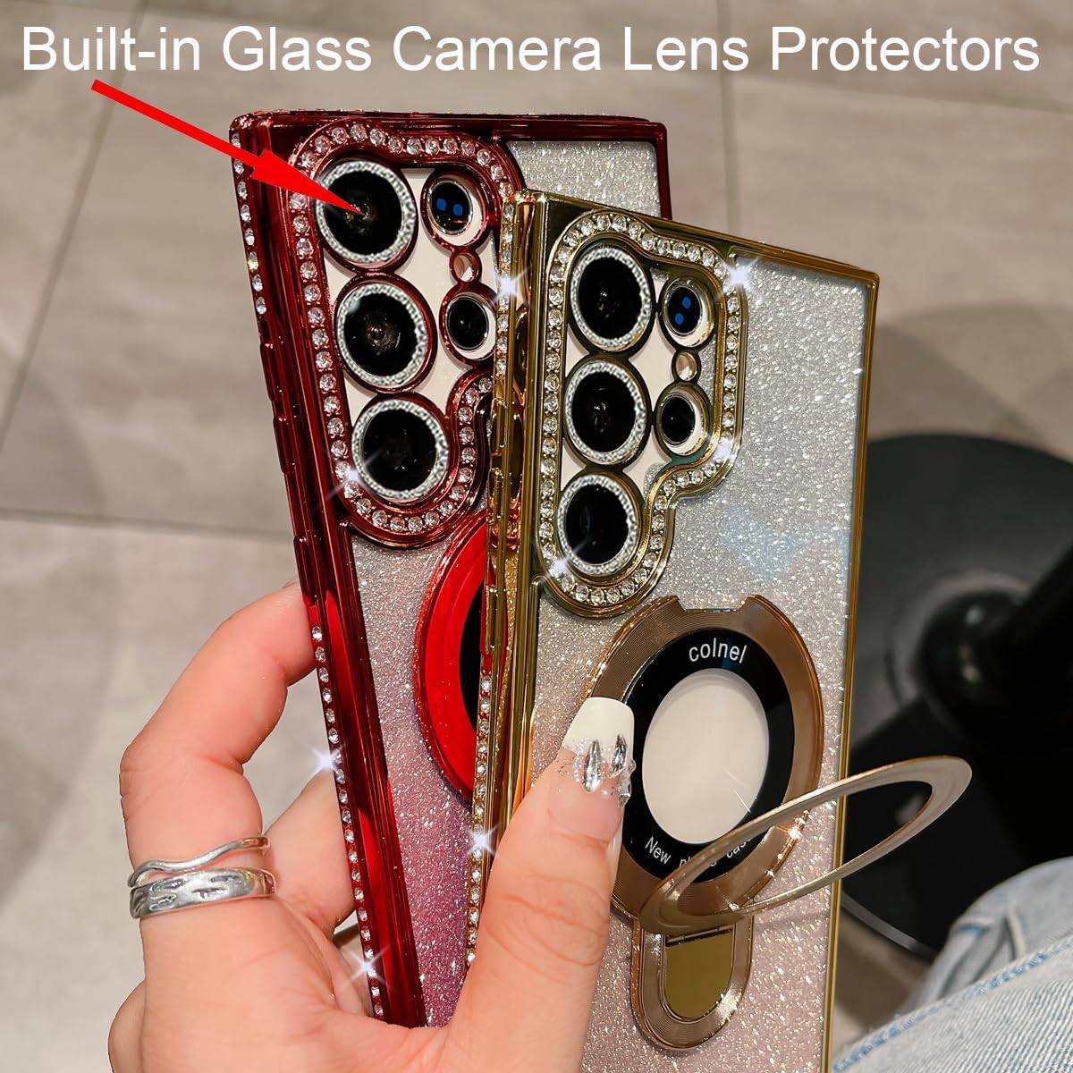 Magnetic Stand Glitter Case for Samsung Galaxy S25 Ultra, (Compatible with Magsafe) Women Girly Luxury Bling Diamond Rhinestones Cover with Camera Lens Protector for Galaxy S25 Ultra (Pink) - Image 3