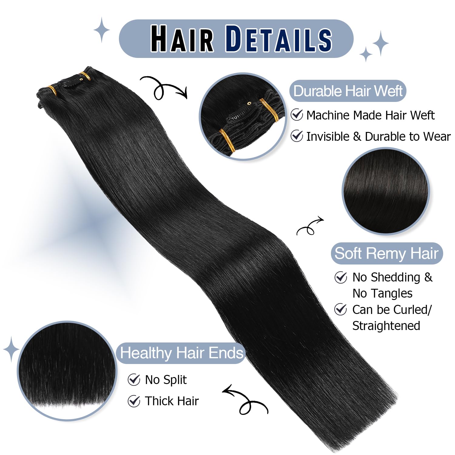 Sunya Real Human Hair Clip in Hair Extensions, 14 Inch Seamless Clip ins, Jet Black, 7 Pieces with 16 Clips - Image 2
