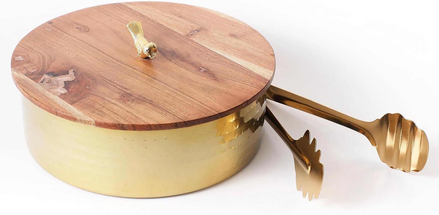 Desifavors Chapati/Tortilla Box with Wooden Lid - Size 2.7" x 9"- Food Safe Chapati Warmer Hot Pot Storage - Air Tight Casserole with Lid and Tongs For Kitchen