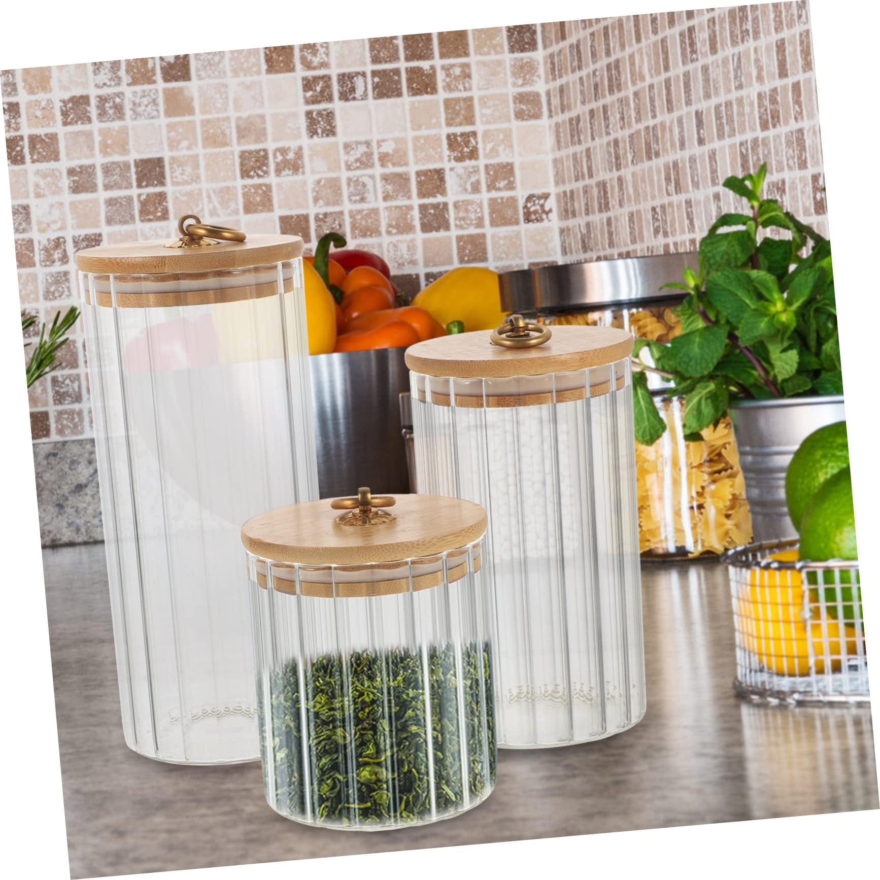 IMIKEYA Set 3 Pezzi Capacità 550ml 850ml 1150ml Barattoli da Cucina con Coperchio in Bambù Pratici e Sigillati Contenitori con Coperchio per Alimenti in Vetro Ermetici per Conservazione
