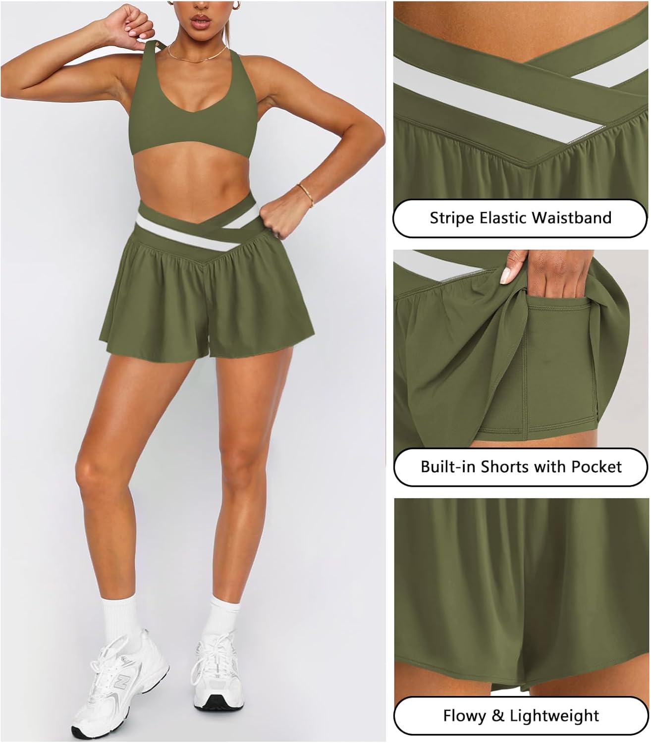 Womens Athletic Workout Shorts Flowy Butterfly Elastic Crossover High Waisted 2 in 1 Running Shorts Pockets for Women - Image 4