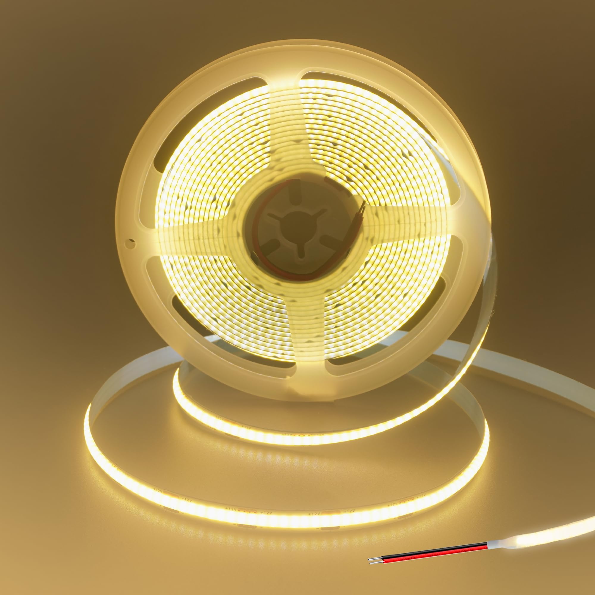 Clearhill 12V COB LED Strip Lights with Double-Ended Red and Black Wire (No Power Supply),16.4FT/5M,Warm White 3000K,320LEDs/M,8mm Width,CRI90,Electroplated Double-Sided Panel,10W/M,IP20