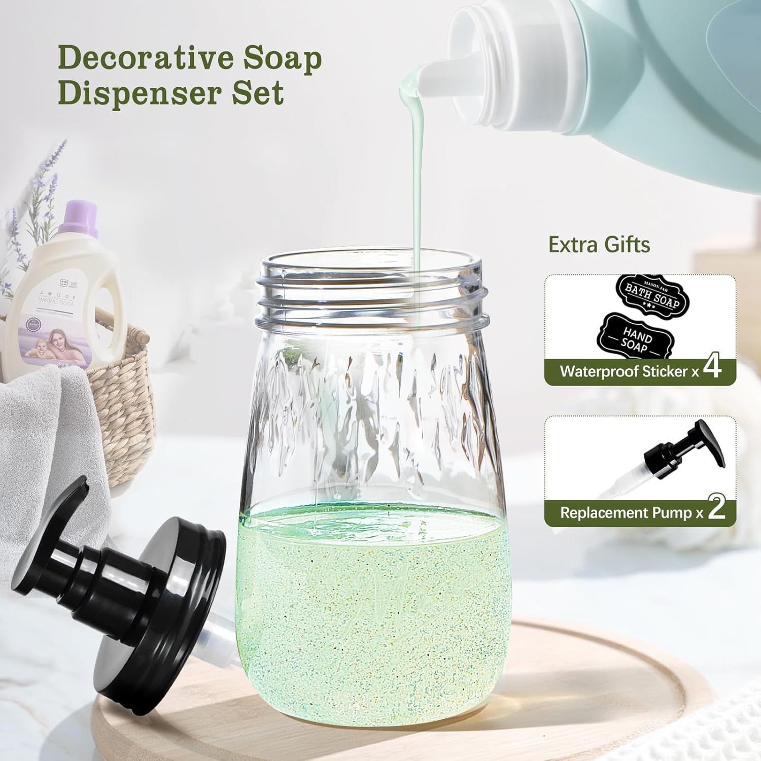 Amolliar Plastic Soap Dispenser with Pump Lid, 16 Oz Refillable Bathroom Hand Dish Soap Dispenser Set, Clear Kitchen Liquid Dispenser with Cute Lables for Farmhouse Shower (2 Pack, Black) - Image 6