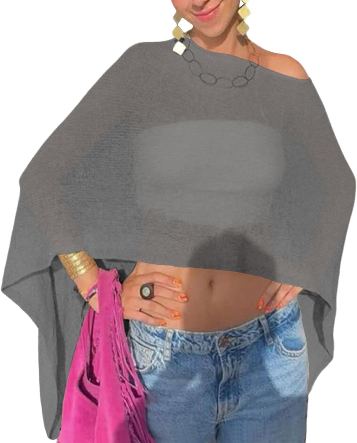 Women Sheer Poncho Top Knit Crochet See Through Shawl Summer Shrug Bolero Lightweight Batwing Sleeve Beach Cover Up