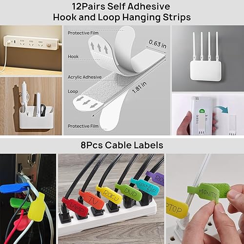 Miniatura 5 de Kit de organización de cables de 193 piezas, 4 fundas para cables, 57 clips autoadhesivos, 12 tiras para colgar, 12 correas organizadoras de cables