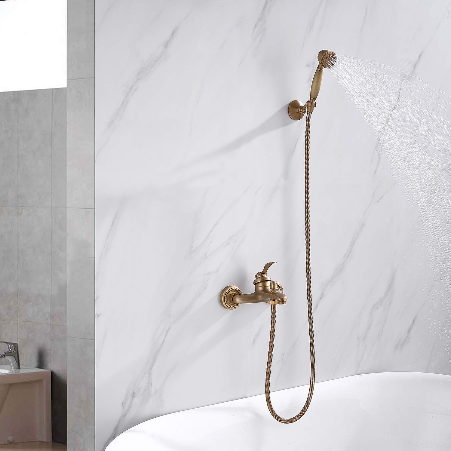 Homelava Grifo de Ducha Antique con Alcachofa de Mano, Grifo Bañera y Ducha de latón, Montaje en pared, con 150 cm Manguera y Soporte