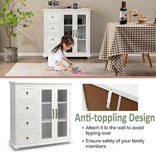 Miniatura 6 de Aparador de buffet, armario de despensa de cocina con 2 puertas y 4 cajones, mesa de consola de almacenamiento para cafetería, comedor, baño, 36 x