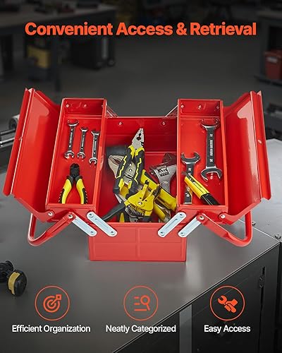 Miniatura 4 de VEVOR Caja de herramientas de metal, 14 pulgadas, 2 niveles, 3 bandejas, portátil, plegable, organizador de cofre de herramientas con mango y