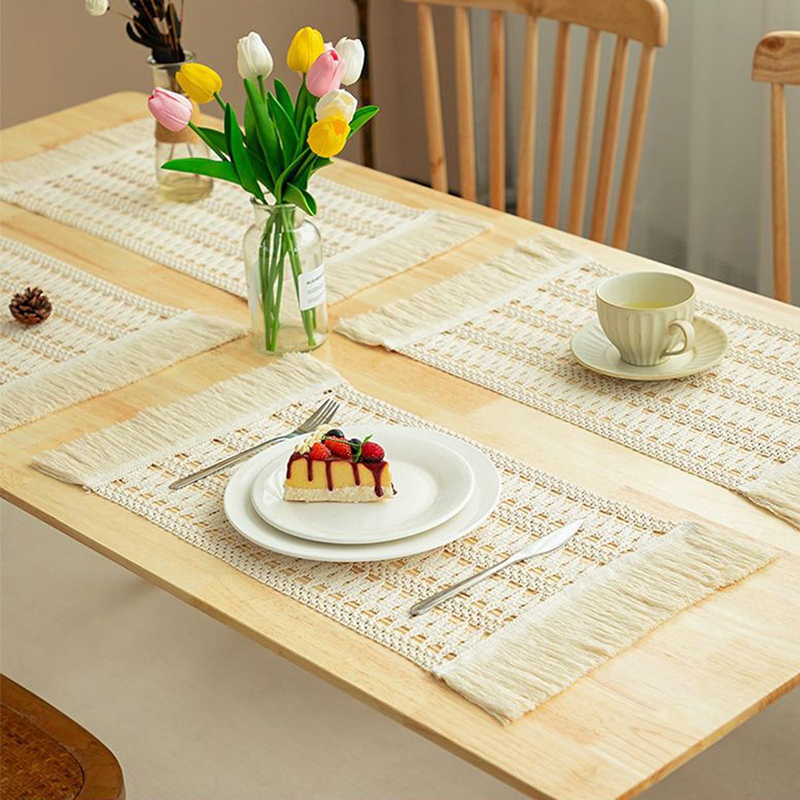 Platzset 6 Stück, Tischset Abwaschbar aus Baumwolle Jute Rechteckig Geflochten Form Im Böhmischen Stil mit Quaste, Platzdeckchen für Innen Küche 45x30 cm