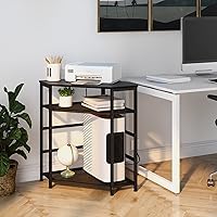 Vista 5 de VEDECASA Soporte de esquina para impresora con mesa, toma de corriente, puertos USB, estante de almacenamiento ajustable, soporte para torre de Negro