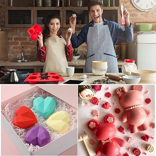 Miniatura 4 de Juego de 6 moldes de chocolate para el Día de la Madre, molde de osito de goma rompible 3D de oso de peluche de diamante, círculos de corazón de