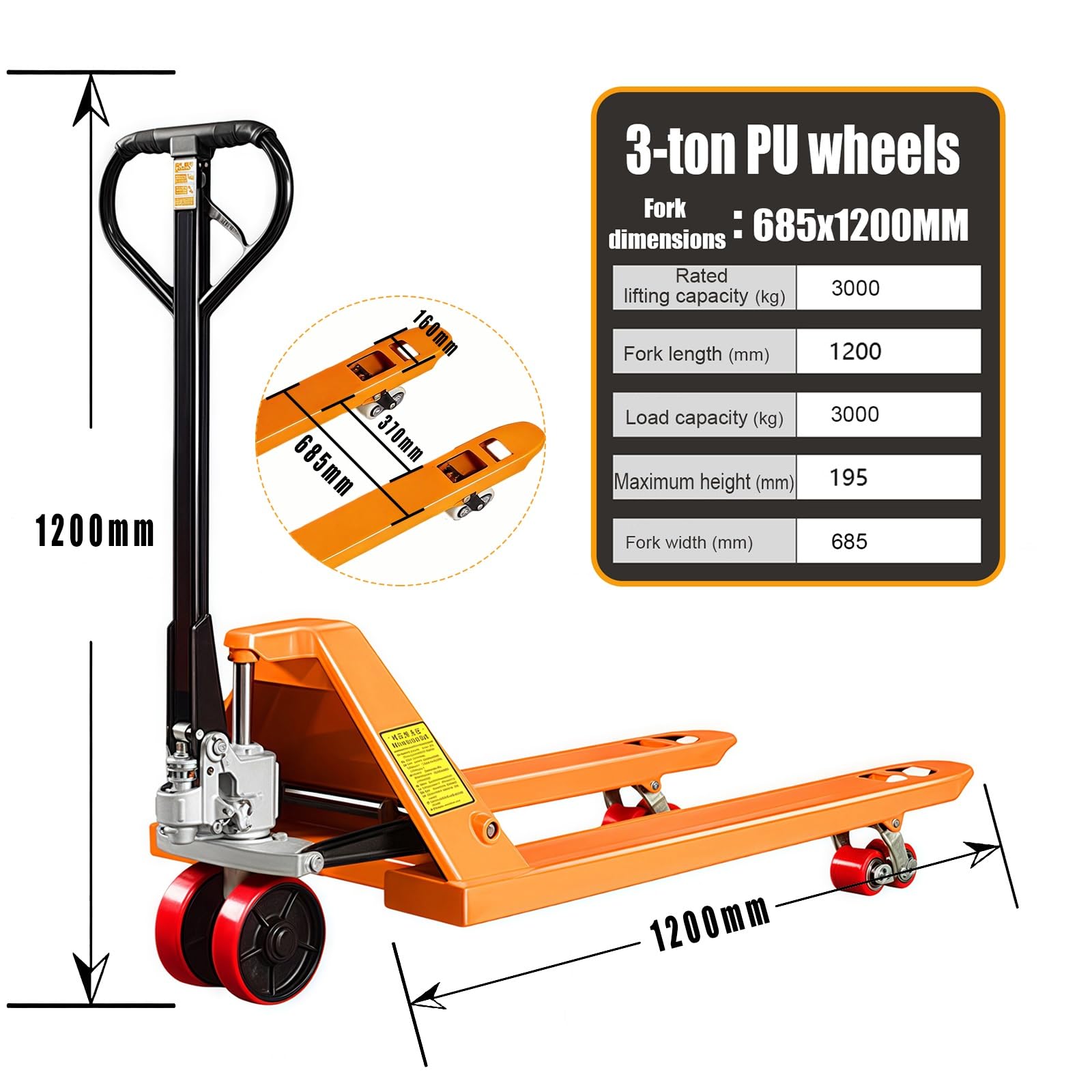 Transpaleta Manual Industrial - Transpaleta de Alta Capacidad de 2 y 3 toneladas para almacenes, logística, escuelas y Obras de construcción(685X1200mm-PU,3T)