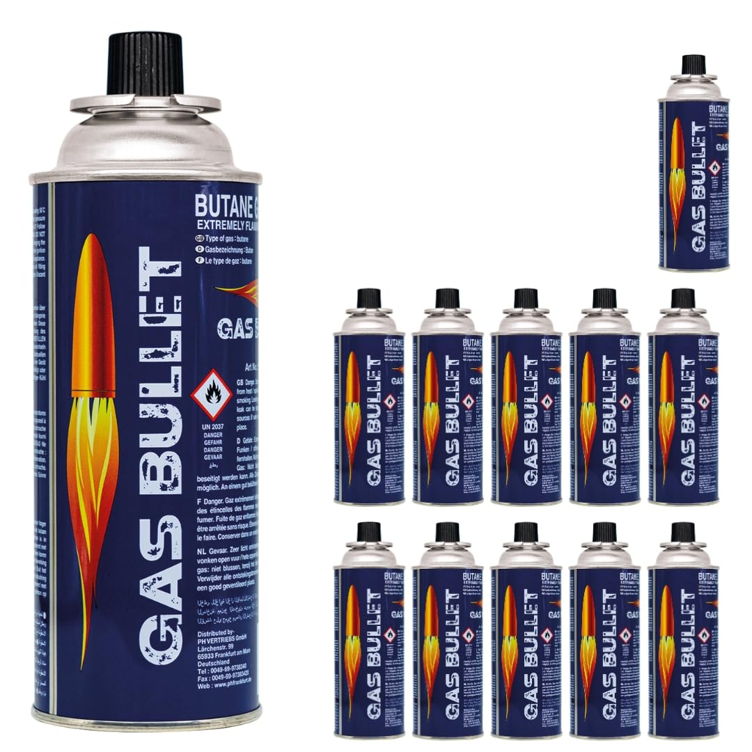 Gas Bullet ® Gaskartusche 227g passend für Gaskocher und Geräte mit Bajonett-Ventil Anschluss (MSF-1a) | Butan | Ideal für Camping/Outdoorküchen/Notfälle (12)