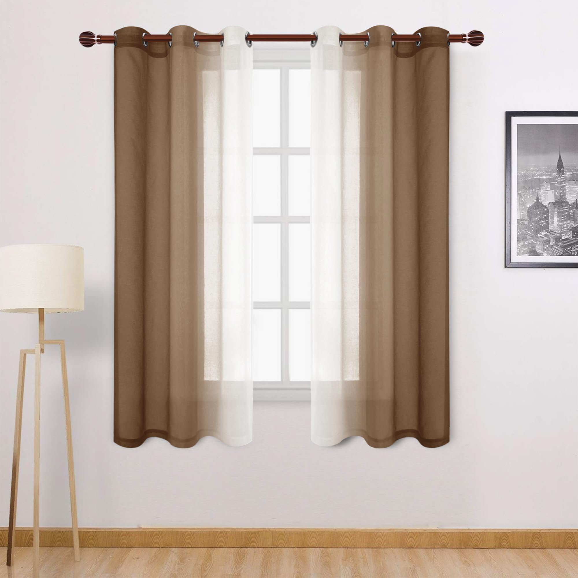 DWCN Ombre Short Sheer Curtains - 63 inches Faux Linen Semi Voile Gradient Light-Filtering Bedroom and Living Room Curtains, Set of 2 Grommet Top Window Drape Panels, 42 x 63 Inch Length, Warm Brown