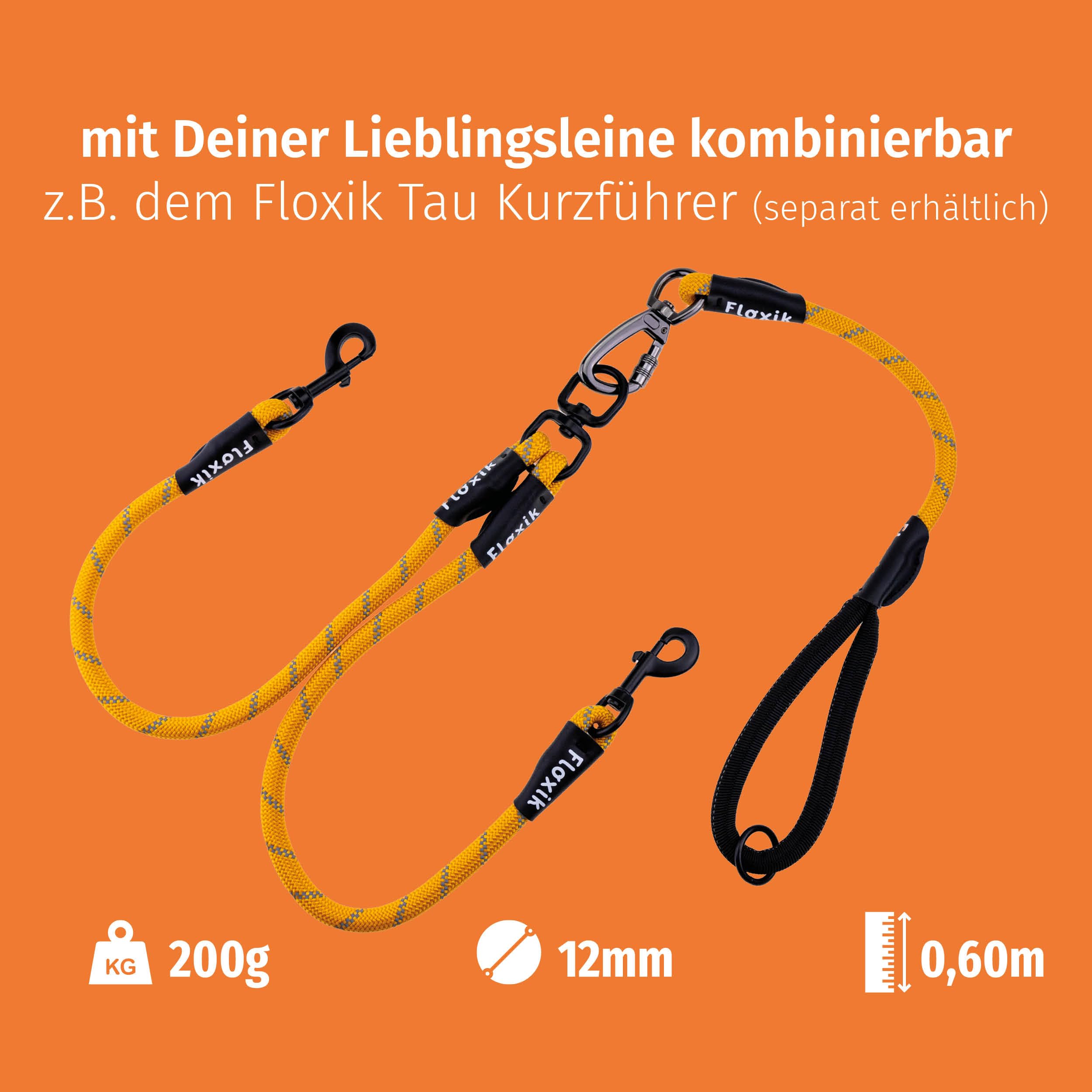 Floxik Laisse double pour 2 chiens gris/orange - Réfléchissante, extensible et anti-enchevêtrement - Laisse double pour chien à coupler - Parfaite pour les chiens de petite à moyenne taille