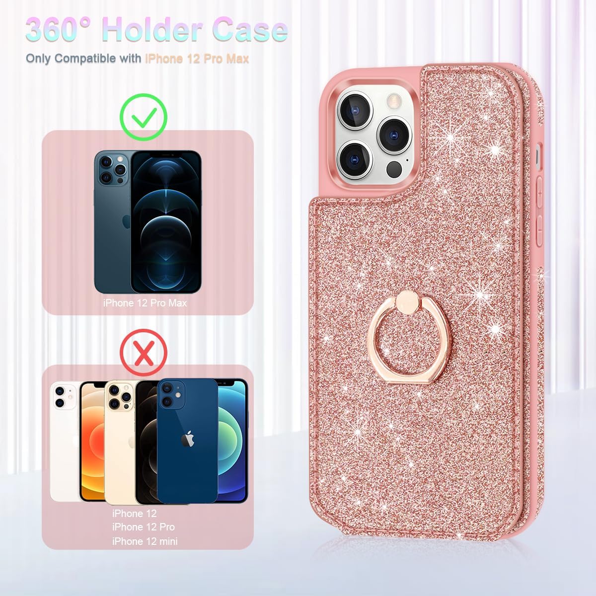 for iPhone 12 Pro Max Phone Case Wallet(NOT FOR iPhone 12/12 Pro/12 Mini)Glitter 5 Card Holder 360°Ring Kickstand with Screen Protector+Camera Lens Protector Cases for iPhone 12 Pro Max,6.7"