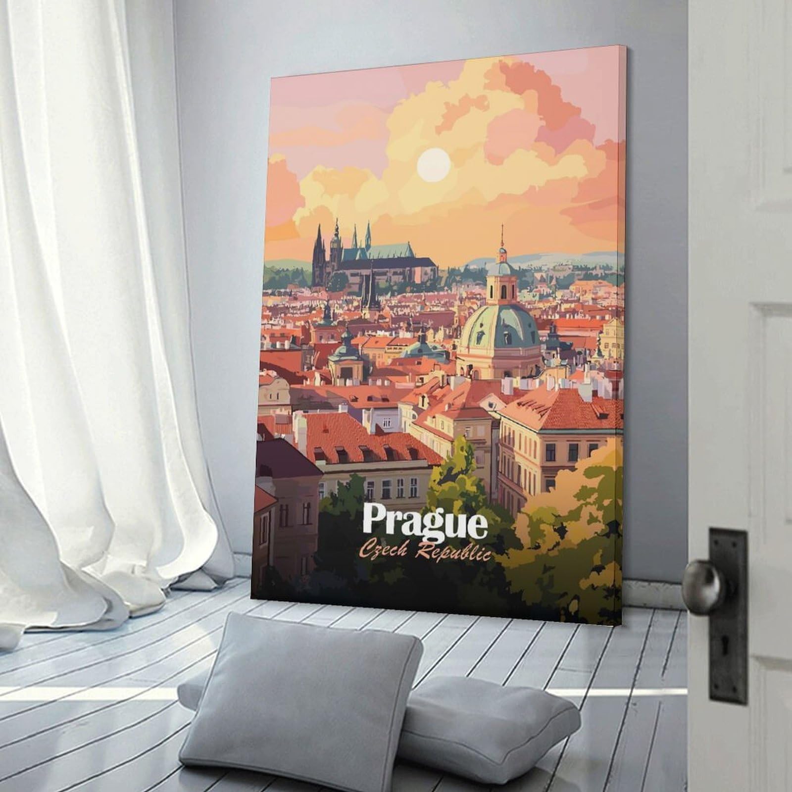 Junmoney Prague Cityscape Sunset Wall Picture Print 20x30inch(50x75cm), for Home Office, Desk Area Or Studio, Home Office Artwork with Decorative Appeal