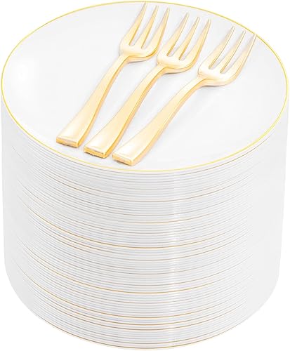 Festiva 200 platos dorados de postre de 6.3 pulgadas con tenedores de 5 pulgadas, platos pequeños desechables para postre, pasteles, aperitivos,