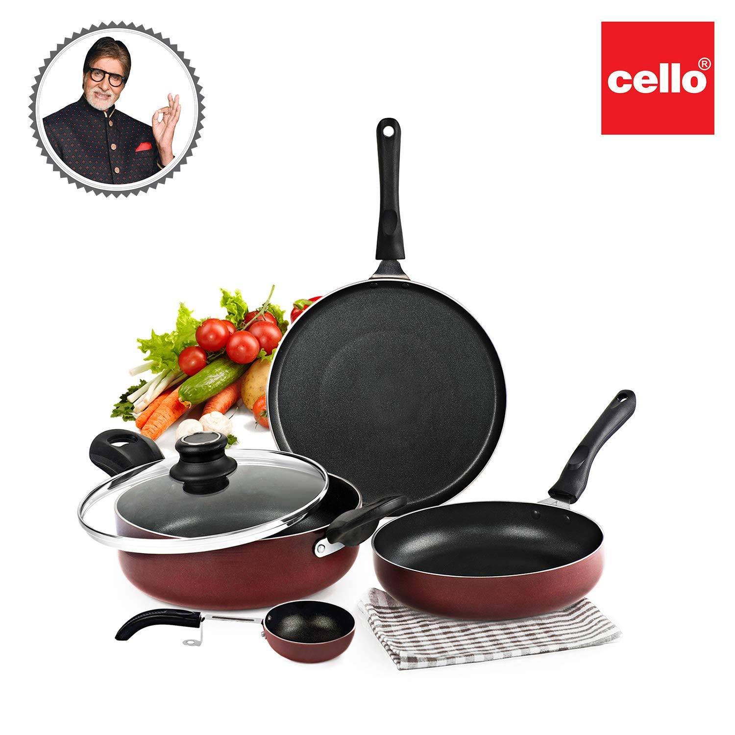 Cello Prima Non-Stick Aluminium Cookware Set of 4 Pcs for Kitchen, Cherry | Kadhai with Glass Lid 22CM, Fry Pan 22CM, Dosa Tawa 28CM & Tadka Pan, Gas Stove & Induction Base Utensils Set for Cooking
