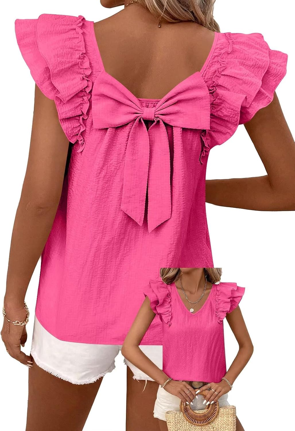 Falechay Womens Bow Tie Back Tops V Neck Ruffle Short Sleeve Shirts Cute Babydoll Chiffon Tee Women Summer Trendy Tunic
