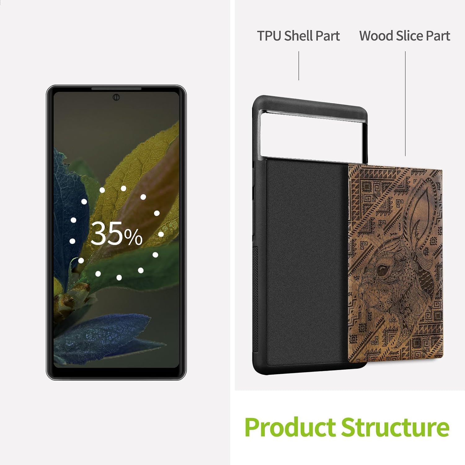 Carveit Wood Case for Pixel 6a Case [Natural Wood & Black Soft TPU] Shockproof Protective Unique Wooden Cover Compatible with Google Pixel 6a (Rabbit Amidst Geometry-Walnut)