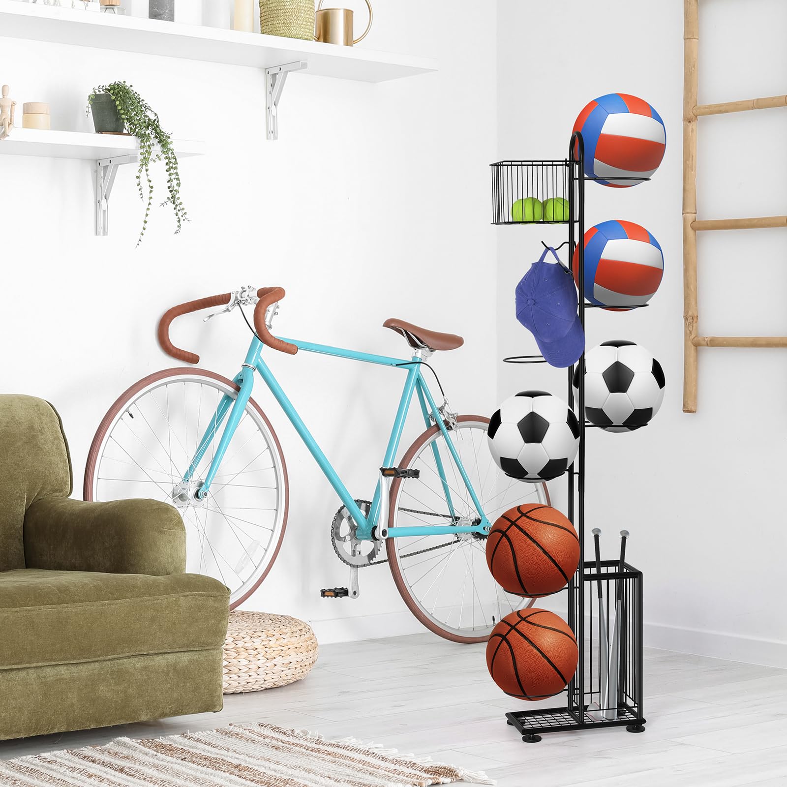 Supporto Per Palloni Multifunzione In Metallo, Porta Palloni Per Basket, Calcio, Pallavolo, Regolabile E Smontabile, Nero - 4
