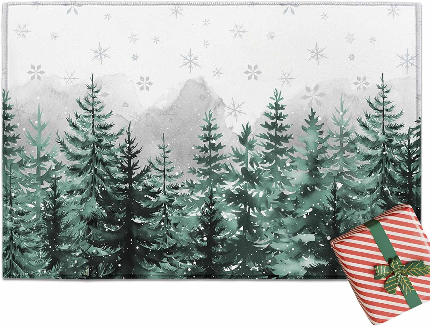 Christmas Entrance Floor Mat Pine Tree Forest Welcome Doormat Snowflake Snowy Winter Non Slip Entry Rugs for Bathroom Kitchen Home Front Decor 18x30inch