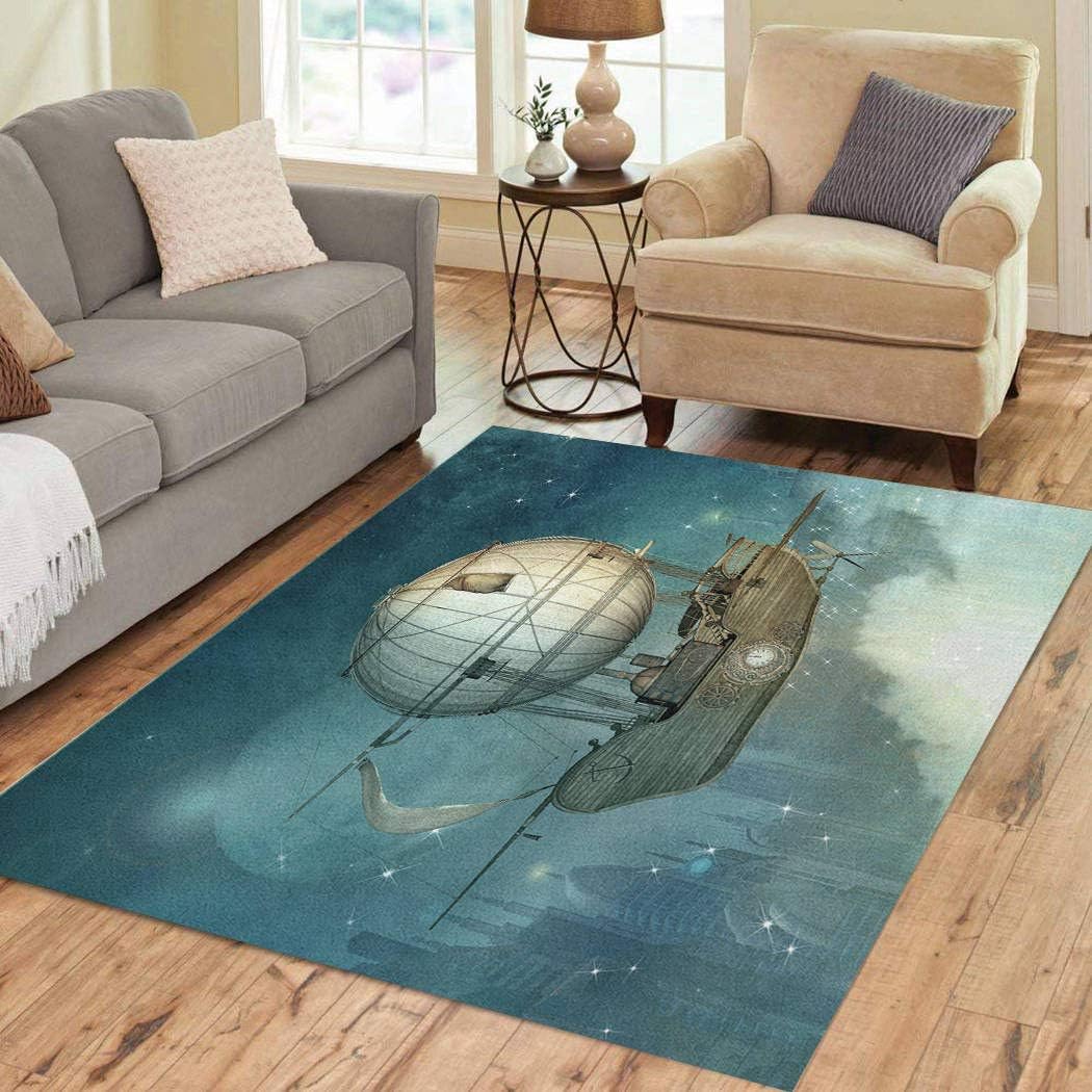 Area Rugs 3'x5' Steampunk Fantasy Vessel Flies The Sky Over Futuristic Soft Flannelette Fluffy Stain Resistant Non-Slip Carpet Elegant Floor Decor Bedroom Living Room