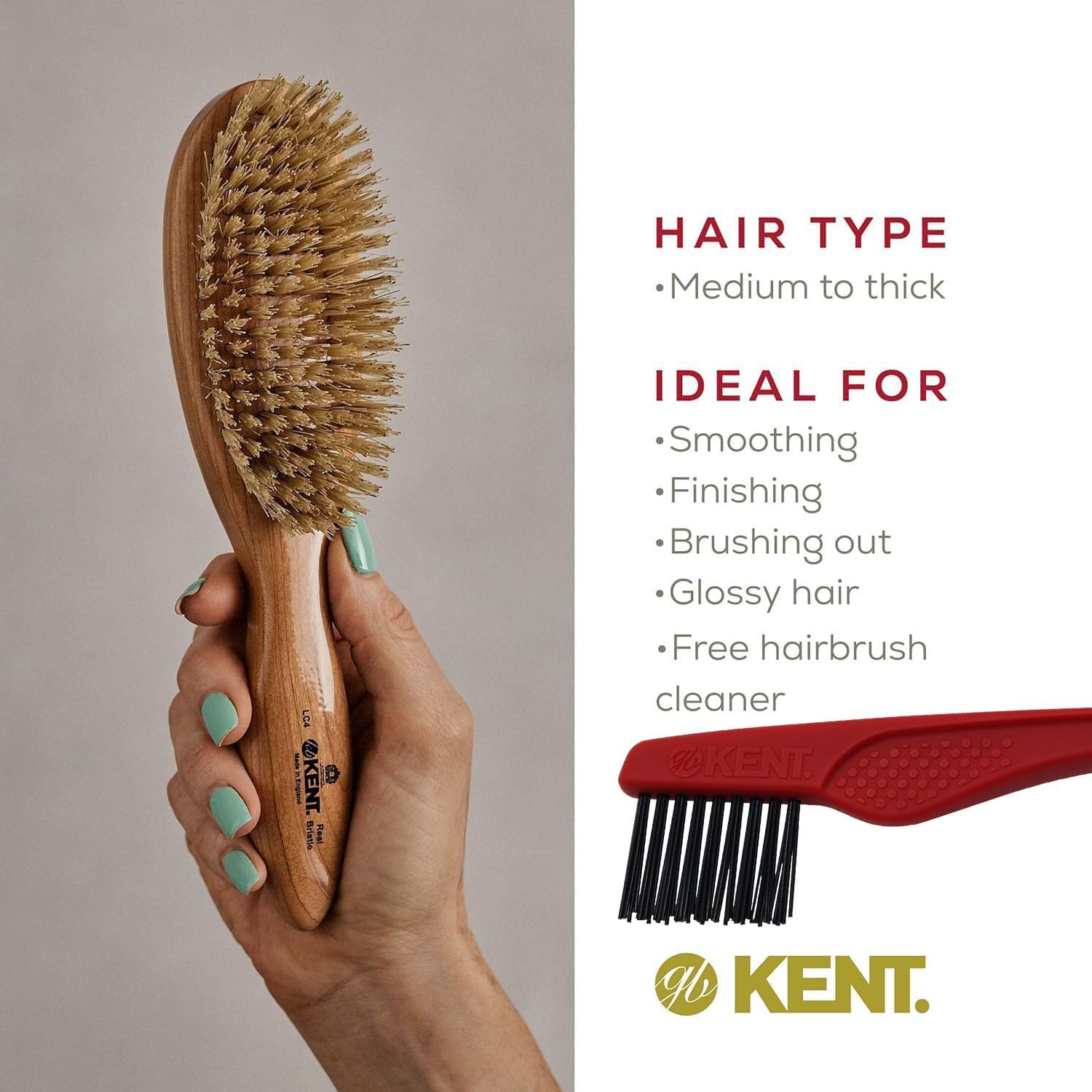Kent LC4 Boar Bristle Hairbrush, Cherrywood Oval Brush for Medium to Thick Hair