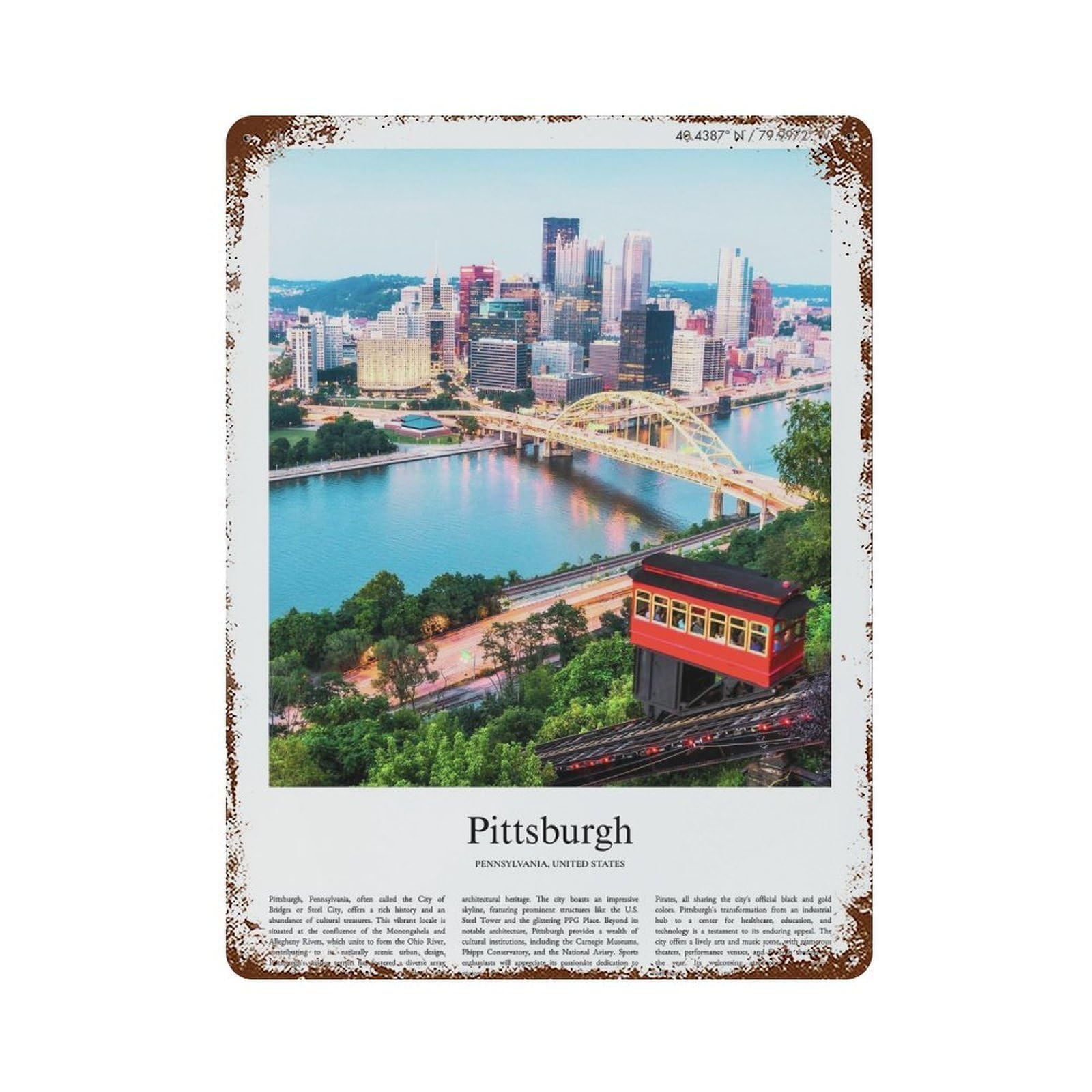 xiaoxiaoshen Pittsburgh Pennsylvania, United States, USA City Scenery Wall Decor Art Metal Tin Poster Modern Home Decor Art Home Bar Shop Decorations Vintage Sign 40x30cm
