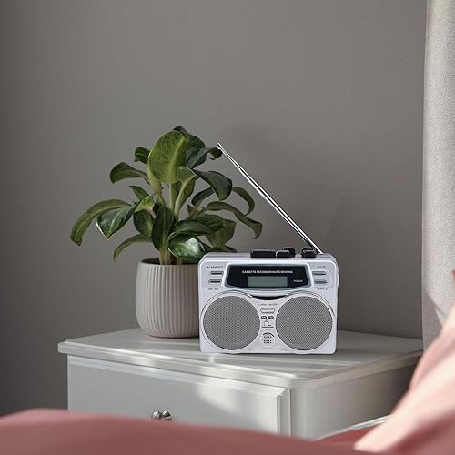 Miniatura 3 de Reproductor de casete retro, grabadora de radio AM FM con altavoz integrado y conector para auriculares, temporizador de reloj digital, función de