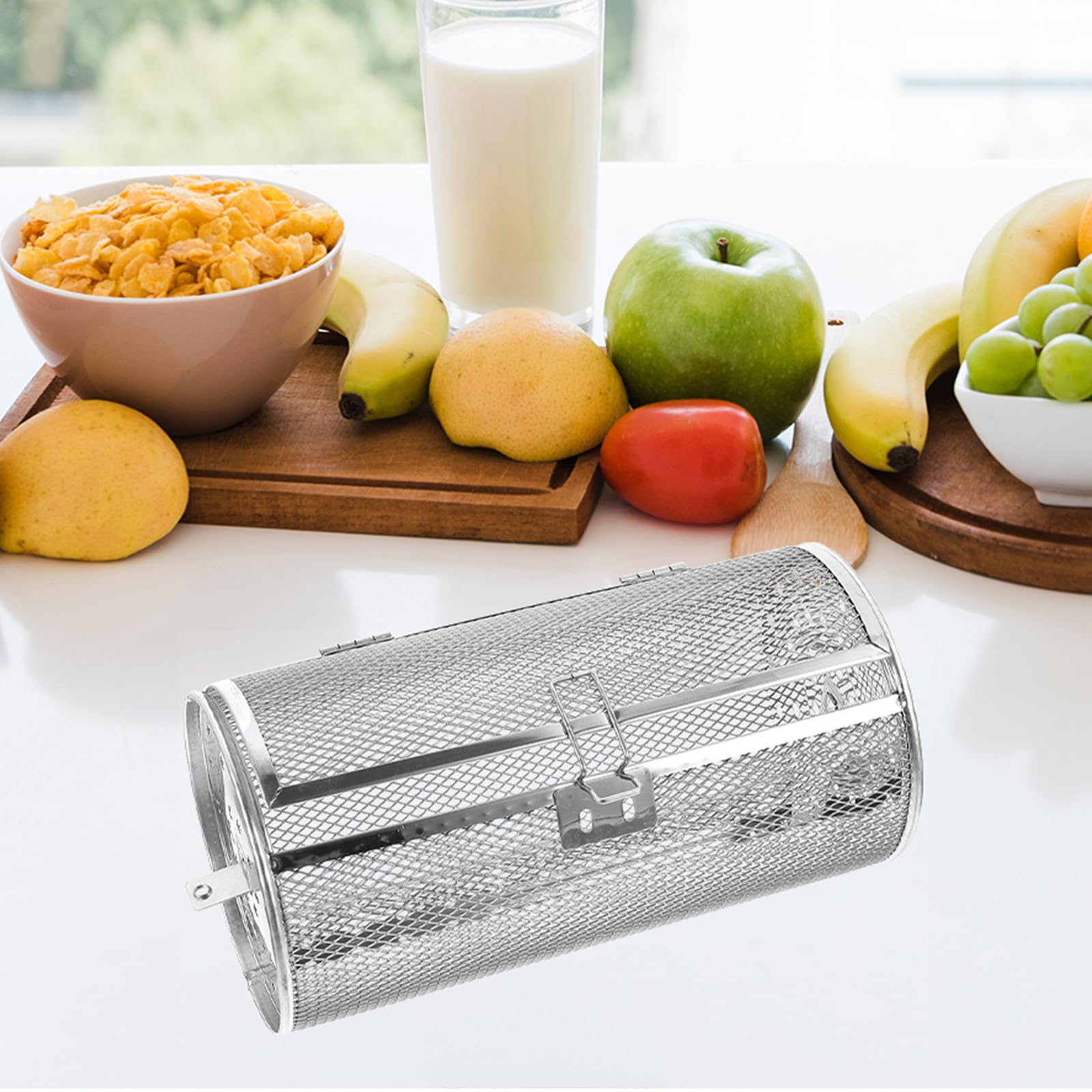 Cestello Gabbia per Polli allo Spiedo in Acciaio Inox 140x250 Mm Rotazione 360° e Porta Mobile per Forno e Friggitrice ad Aria, Accessorio Cucina Versatile per Arrosti e Frutta