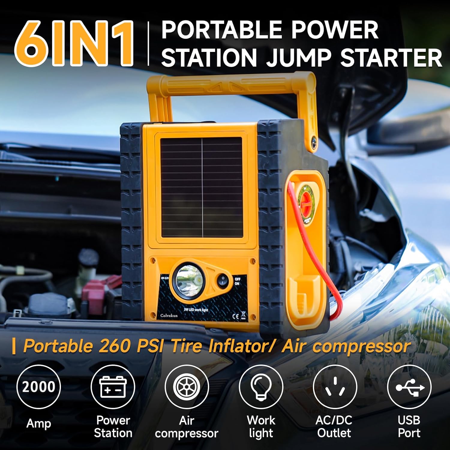 6-in-1 Car Battery Jump Starter with Air Compressor 2000A 260PSI 400W Inverter, Jump Starter Jump Box (All Gas 8.5L Diesel), Solar Portable Power Station,AC/DC/USB Ports and LED Lights - Image 2