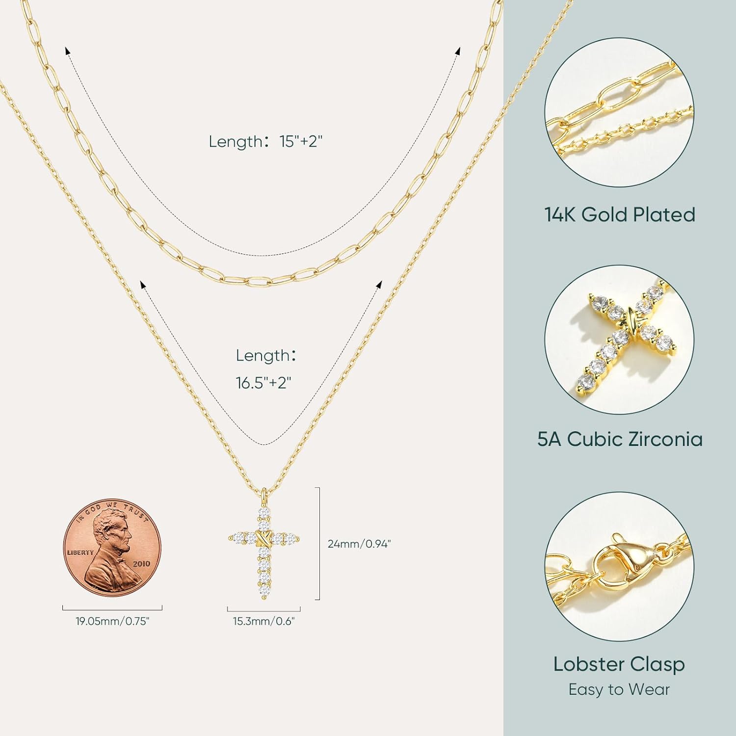 Layered Cross Necklace for Women - 14K Plated Gold Double Layer Chain Necklace, Dainty Cubic Zirconia Crucifix Pendant Necklace, Anniversary Birthday Christian Faith Jewelry Gift for Her - Image 5