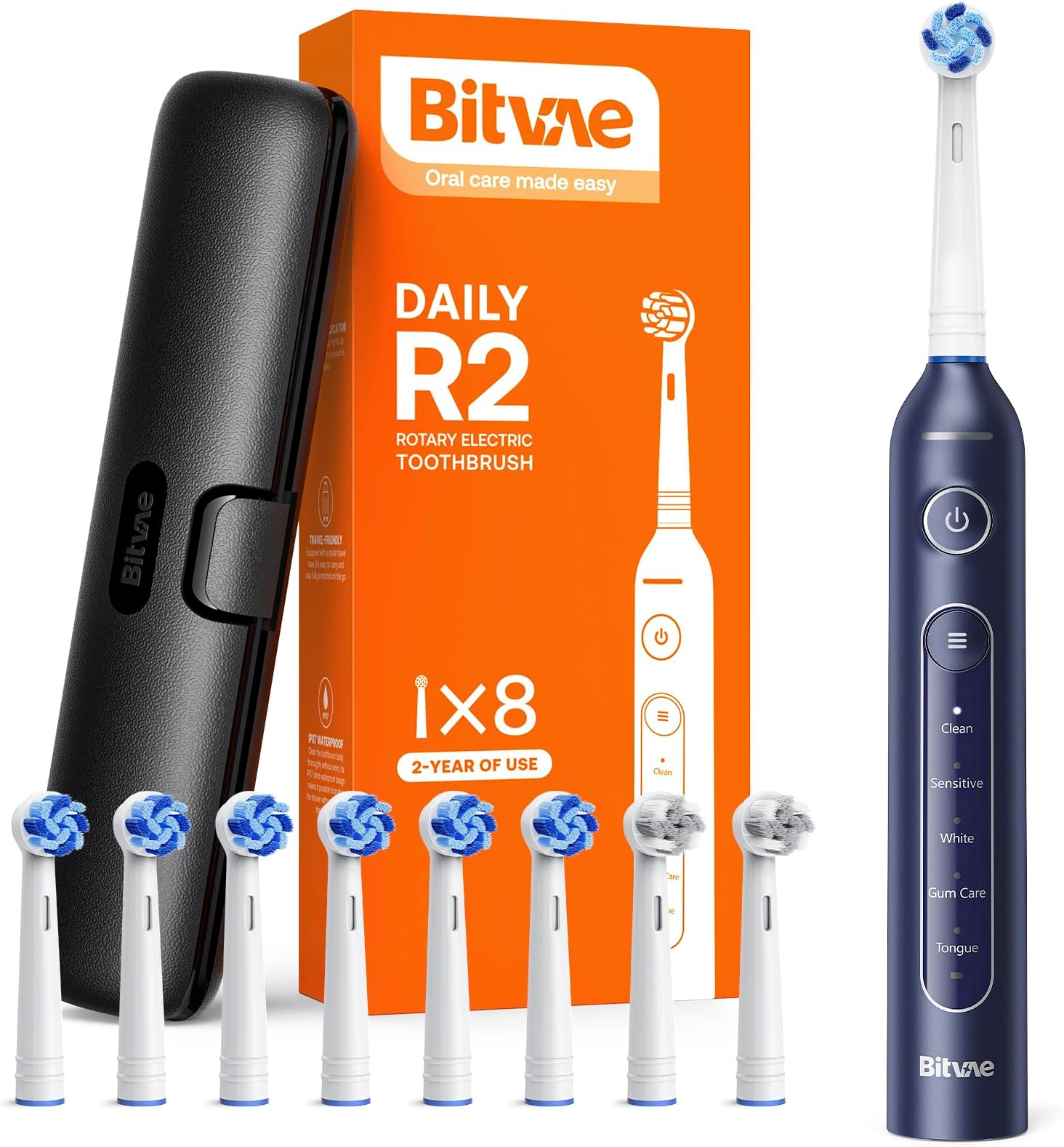 Bitvae R2 Rotating Travel Electric Toothbrush, 8 Professional Brush Heads, Carrying Case, 5 Teeth Care Modes, Pressure Alerts to Prevent Gum Injury, Long Duration