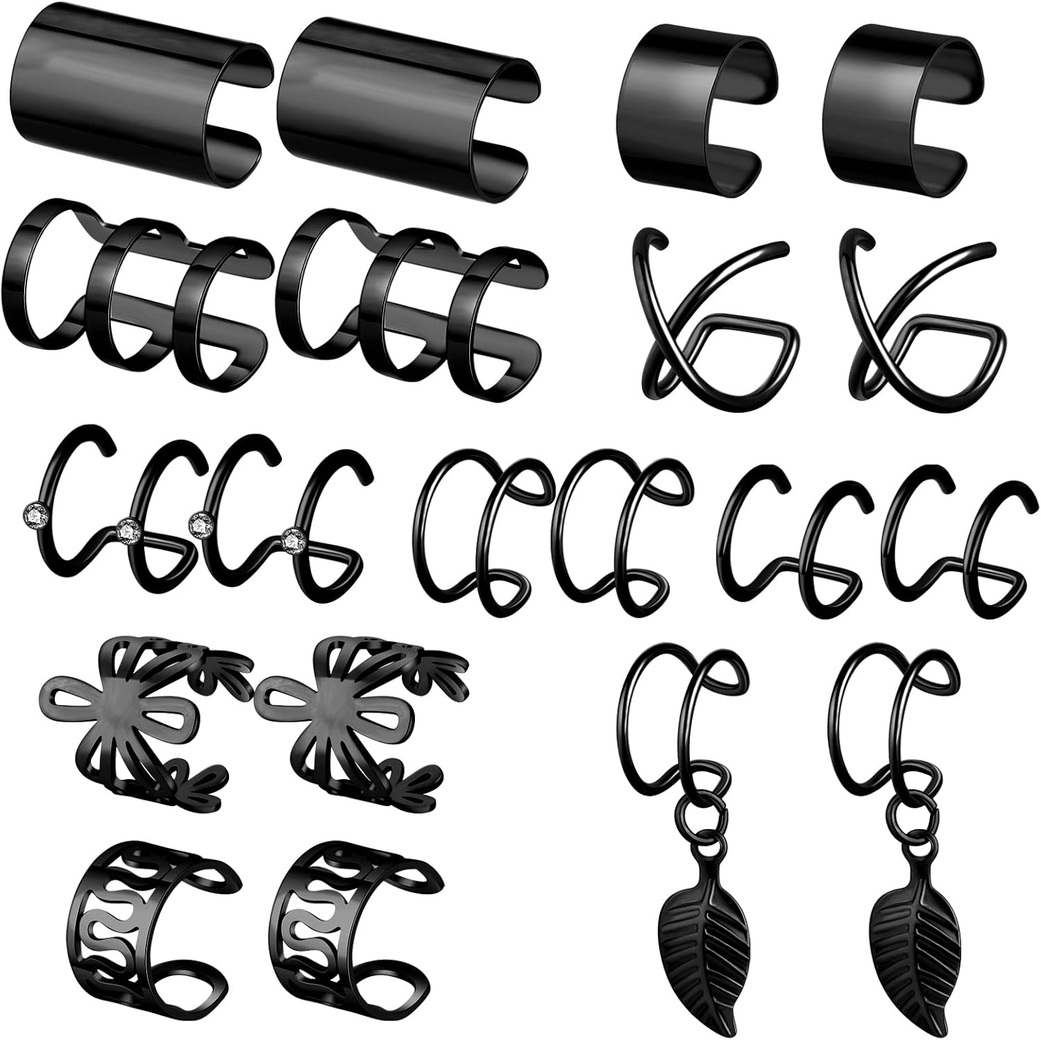 Founvar 20pcs Non-Piercing Ear Cuffs Clip-On Earrings - Adjustable Helix Hoop Wraps Fake Cartilage Punk Jewelry Black Gold Silver Rose Gold