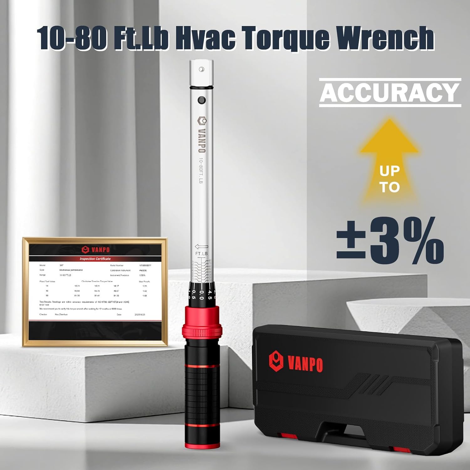 VANPO HVAC Torque Wrench 10–80 Ft-lb, 9×12mm, Adjustable Click Torque Wrench with Open End Heads (17–32mm), ±3% Accuracy for Mini Split AC & Refrigeration Flare Nut Installation