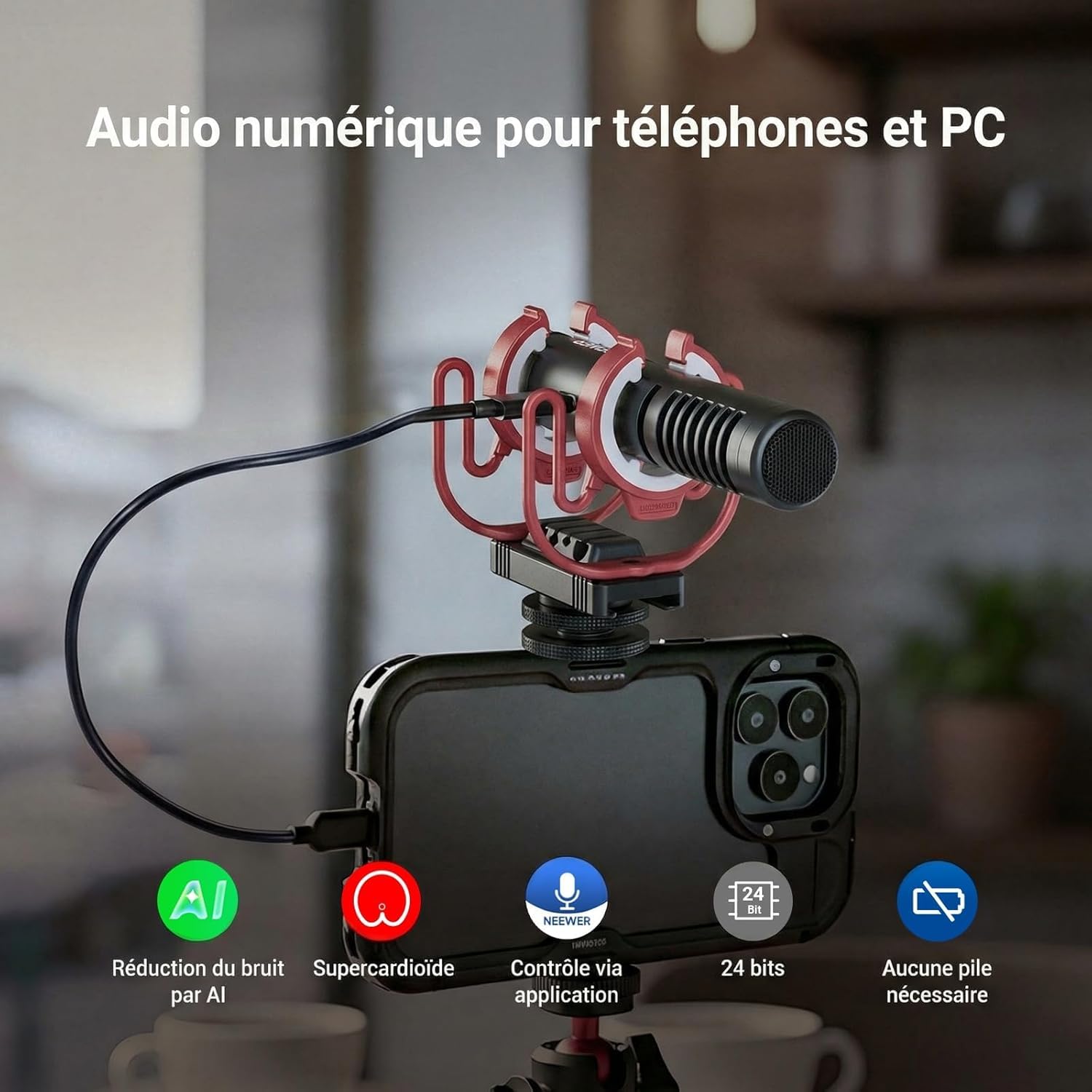 NEEWER VM15 Micro Supercardioïde Miniature avec Réduction de Bruit AI,App Audio& égaliseur,48kHz/24bit,Entrée Analogique 3,5mm/Numérique USB C,Compatible avec iPhone Android,EQ Uniquement pour Android