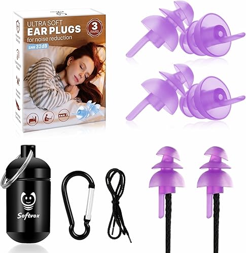 Softvox Tapones para los oídos para dormir 3 pares, 100 x reutilizables ultra suaves para reducción de ruido y protección auditiva para dormir de